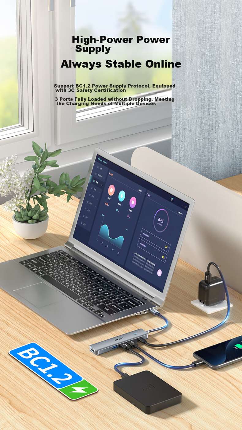 Acer Type-C Expansion Dock, USB3.0 Hub, HDMI Adapter, 4K Screen Mirroring, PD Charger, Compatible with MacBook And Huawei Computers, Five-In Converter 10