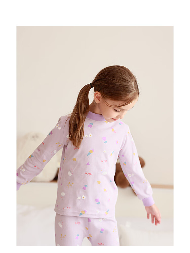 DEESHA Girls 100% Cotton 5A Grade Antibacterial Thermal Underwear Set, Light Purple with All-Over Small Floral Print, Size 120 1