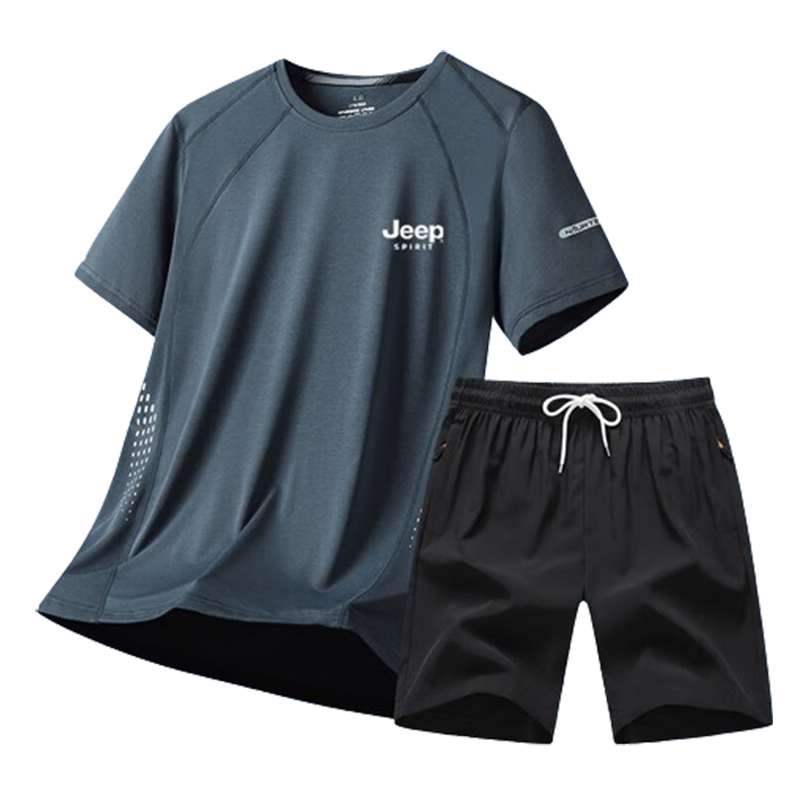 JEEP SPIRIT Men's Summer Set, Ice Silk T-Shirt And Shorts Two-Piece Suit, Versatile Outdoor Casual Menswear, Gray, XL