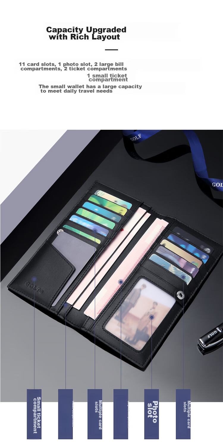 GOLF Men's Wallet, Multi-Card Slots, Long Wallet, Vintage Printed Design, 11 Card Slots, Casual Large Capacity Leather Wallet, Horizontal Style Billfold, Business Money Clip, 5V768385J, Black 7