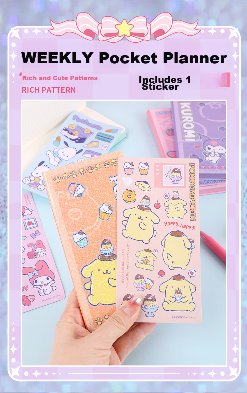 GuangBo X Sanrio Weekly Pocket Planner, Melody Stickers, Student Notebook, Compact And Portable Journal, 80*156mm, 77 Sheets, KT81376 Gift Set 3