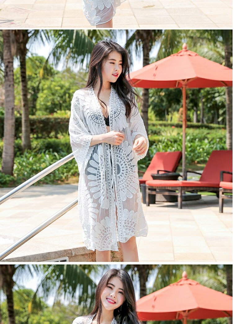 DK Seaside Sun Protection Clothing, Beach Cardigan Swimwear, Shawl Cover-Up, Hot Spring Mesh Jacket, Outer Wear, White 9