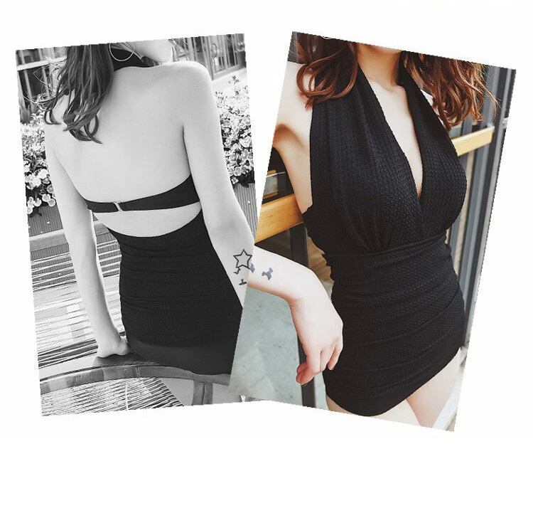 DK One-Piece Swimsuit for Women, Sexy Halter Neck Backless Design, Push-Up for Small Chest, Tummy Control, Slimming Effect, Hot Spring Black Bikini Swimwear, Black, M Size 8