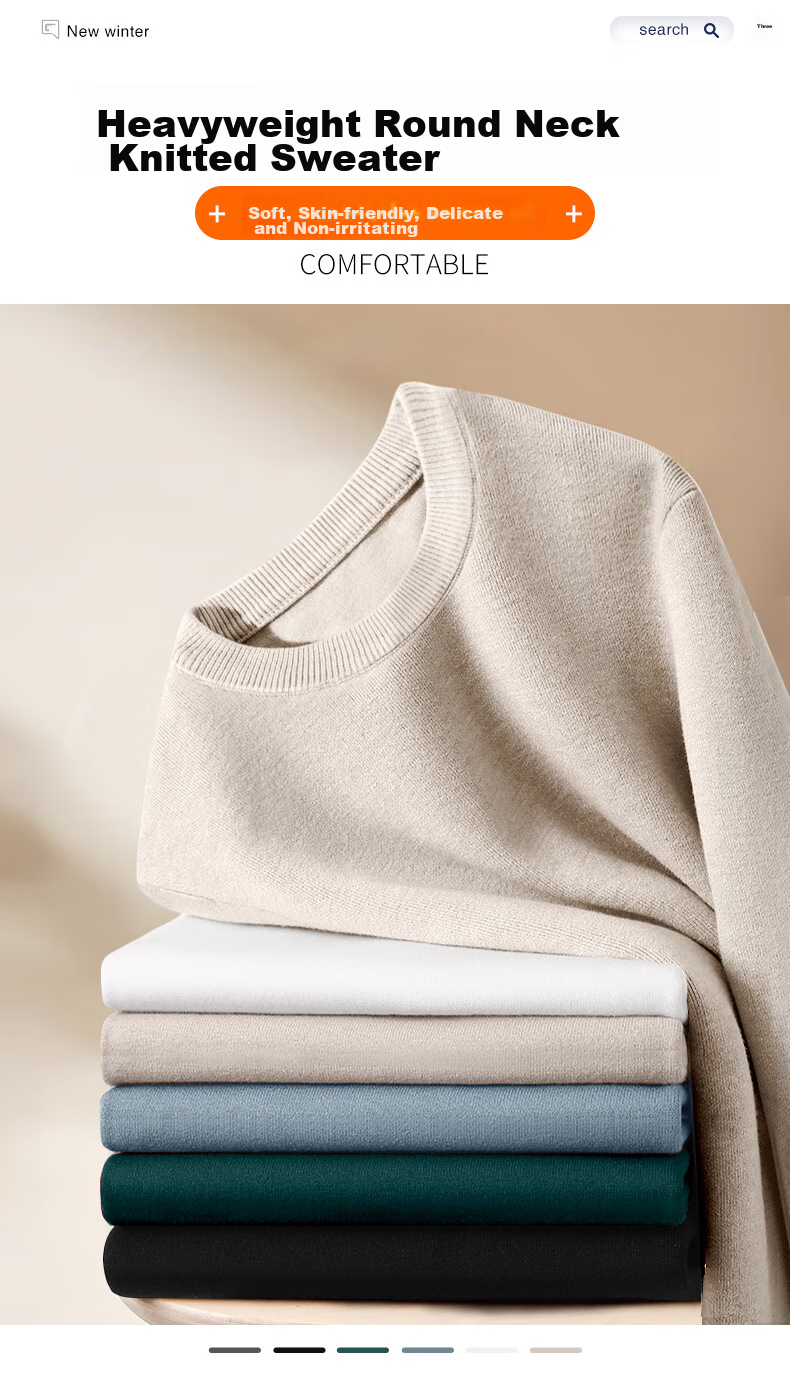Warrior Round Neck Sweater for Men, Autumn And Winter Solid Color Warm Heavy Knit Pullover, Thick Inner Layer Base Shirt YD 2