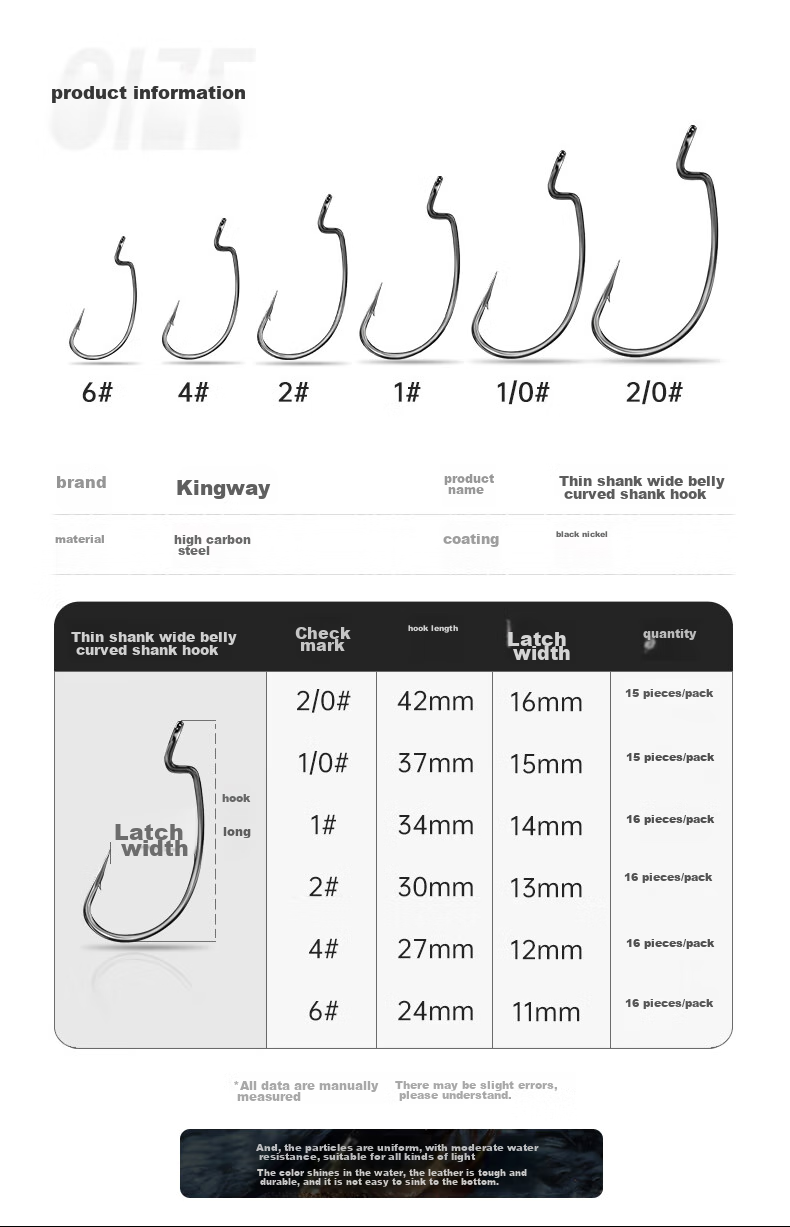 Guowangluya, Curved Handle Hook with Thin Line And Wide Abdomen, Lightweight Freshwater Bass Soft Bait Hook, Lead-Free Texas Fishing Rig, Size 6# 2