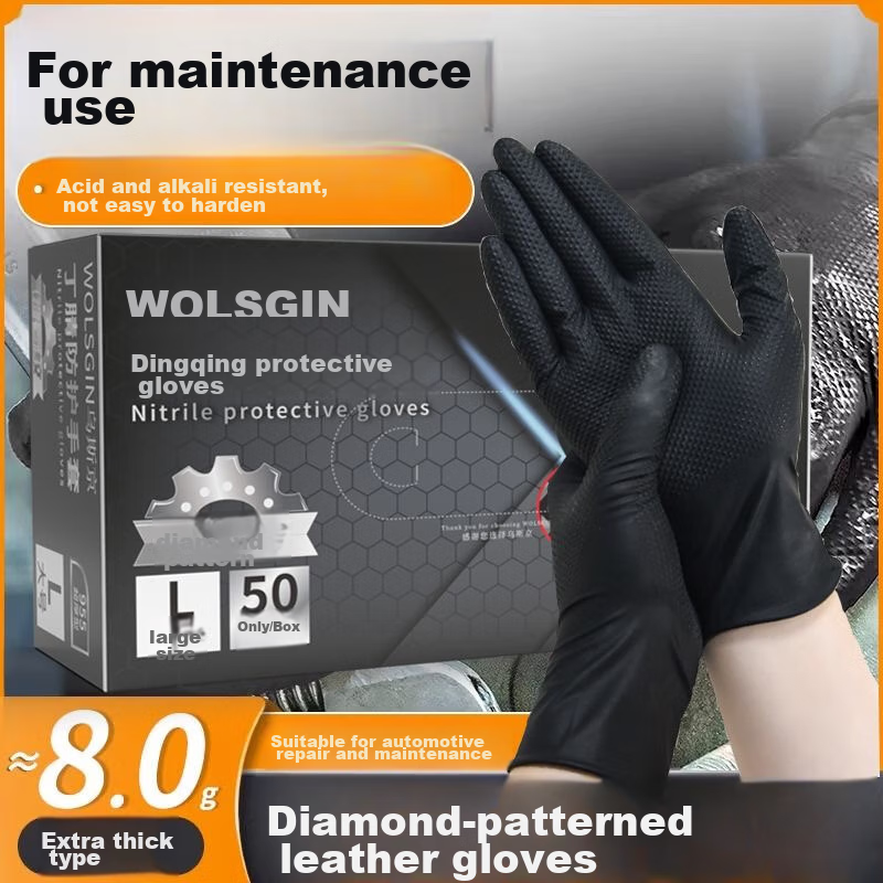 WOLSGIN Black Diamond Pattern Nitrile Gloves, 50 Large Size, Extra Thick, for Industrial Laboratory Auto Repair, Disposable