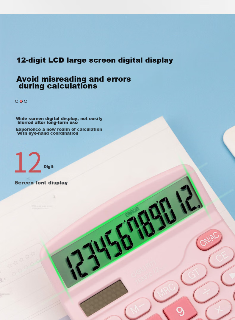 Deli [Super Popular] Dual Power Computer, 12-Digit Large Screen Desktop Calculator, Fourth Grade Student Calculator, Office Supplies, Pink TE837C 8