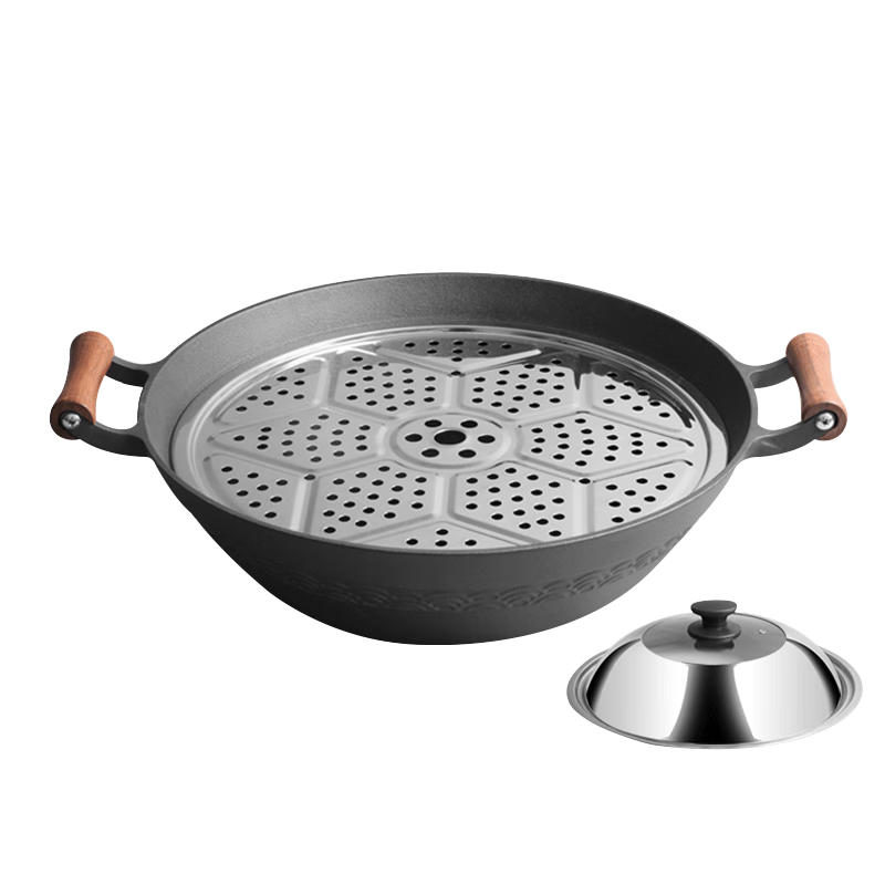 Dianjiang Cast Iron Wok 40cm Round Bottom Deep Large Iron Pan Household Iron Pot Stew No Coating Raw Iron Double Handle Stir Fry Pan