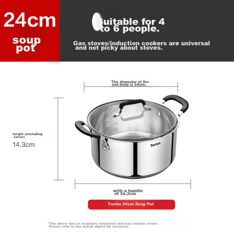 Tefal Stainless Steel Soup Pot, Thickened Stew Pot, Suitable for Induction Cooker, Large Capacity Cooking Pot, Dishwasher Safe