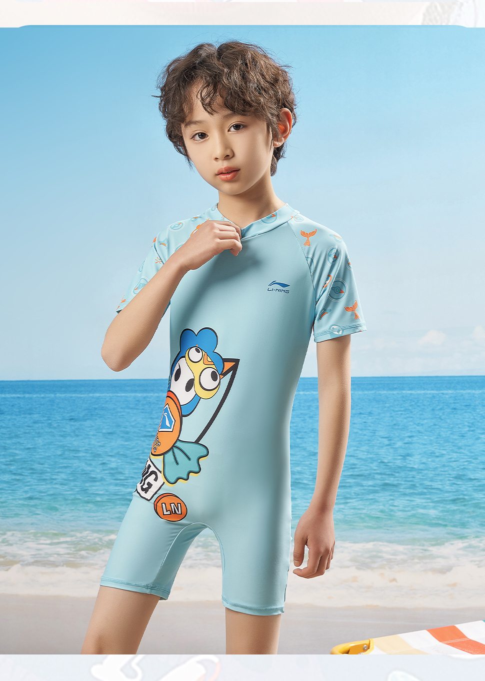LI-NING Kids Professional One-Piece Swimwear Boys Girls Fashion Cartoon Comfortable Quick-Dry Swimming Surfing Suit LSYS900-1 Blue Size 140 4