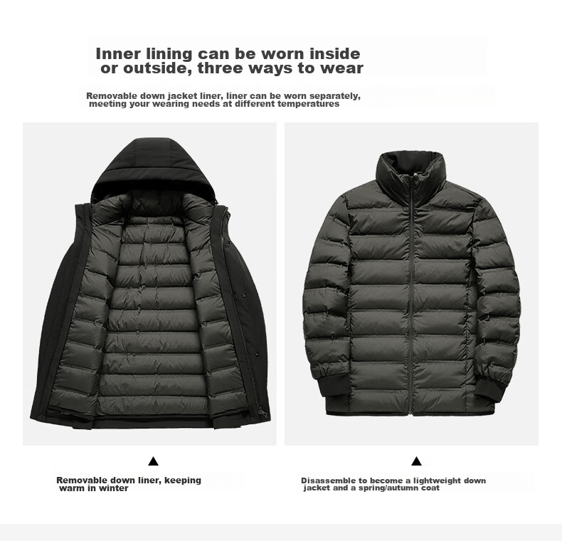 SNOWFLYING 90% Goose down Detachable Inner Liner down Jacket for Men, Autumn And Winter Season, Removable Hood, Windproof, Warm, Casual Versatile Coat 190 8