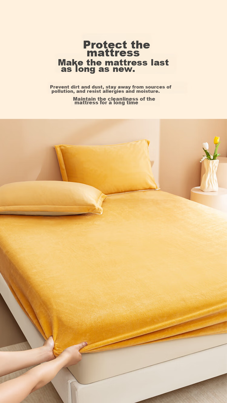 JD Original 220g Thickened Milk Velvet Fitted Sheet, Non-Static A-Class Winter Bed Cover Mattress Protector, for 1.8-Meter Bed, Warm Yellow 13