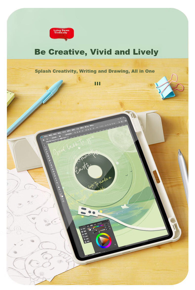 Asiwa IPad 9th Generation (2021) Case, Compatible with 10.2-Inch Pad 9/8/7, with Pencil Holder, 360-Degree Rotating, Landscape And Portrait Support, Cartoon Painted Design, Shockproof, Anti-Bend, Tri-Fold Style 6