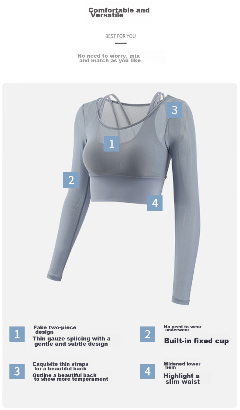 XUEXIMAN Faux Two-Piece Yoga Top for Women, Spring And Autumn Long-Sleeve with Chest Pads, Gym Workout Shirt, Pilates Training Wear 7