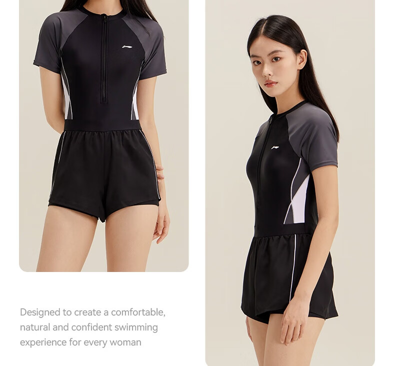 Li-Ning One-Piece Two-In Swimsuit for Women, Conservative Swimwear, Body-Covering, Hot Spring Swimming Gear, 0641 Black XL 20
