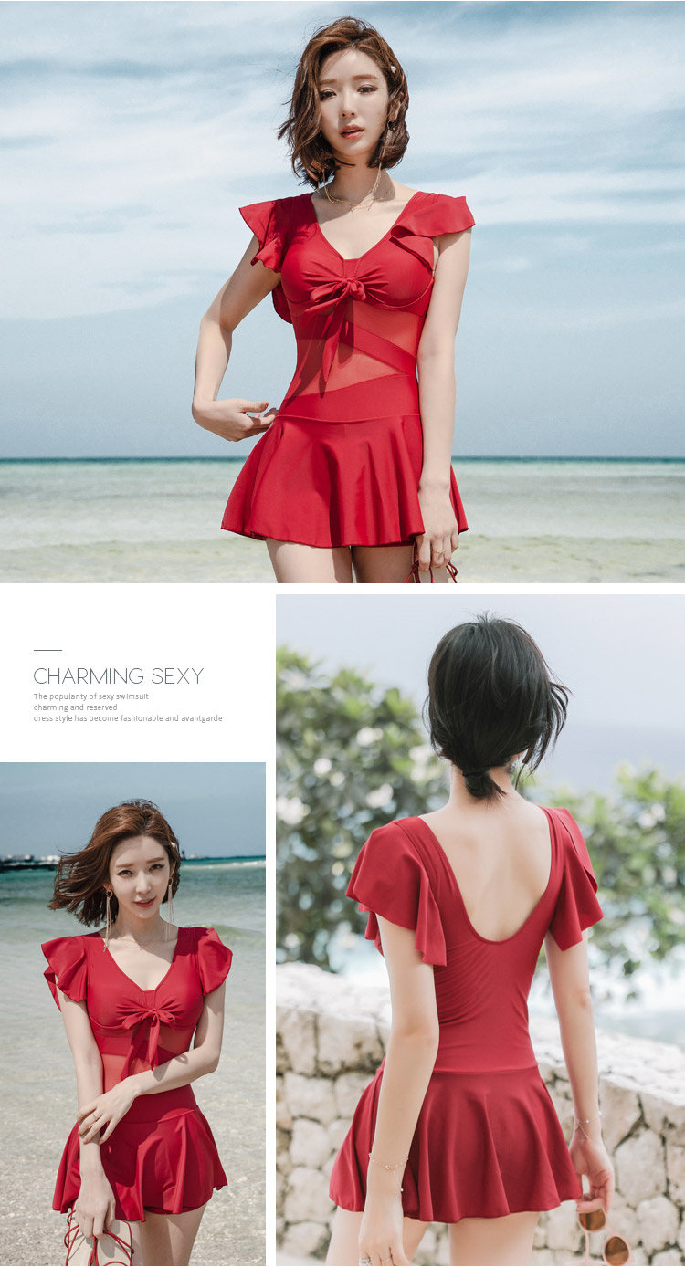 DK Swimsuit for Women, Sexy Push-Up Korean Style One-Piece Dress, Conservative Tummy-Covering Slimming Swimwear for Hot Springs, Red, M 17
