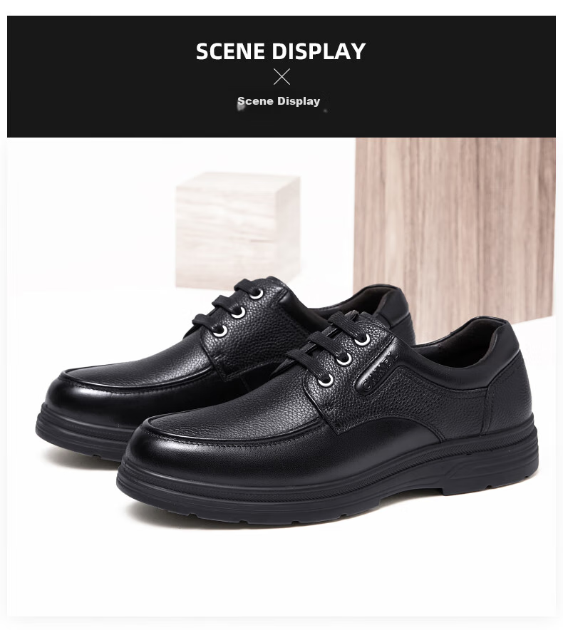 CAMEL Leather Lace-Up Middle-Aged Dad Shoes, Height-Increasing Classic Business Casual Leather Shoes for Men, G15A211067, Black, Size 38 10