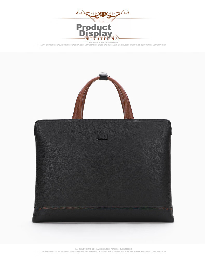 ELLE HOMME Men's Business Briefcase, Fashionable Genuine Leather Handbag, Horizontal Trendy Simple Cowhide Men's Bag, 12510 Black 8