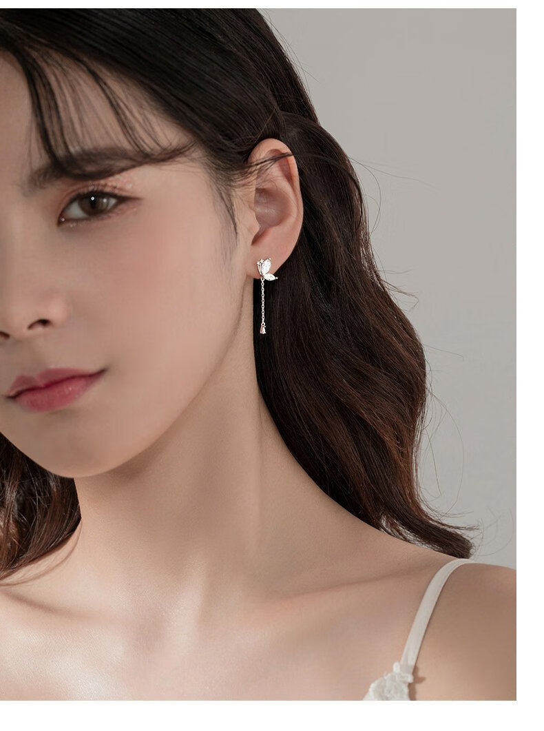Dijing 999 Sterling Silver Long Earrings with Tassel Butterfly Studs, Birthday Gift for Women, Fashionable Ear Jewelry for Girlfriend 5