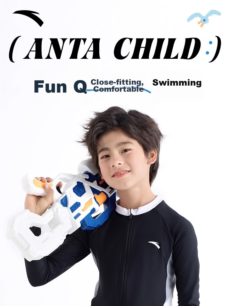 ANTA Children's Two-Piece Swimsuit, 2024 Summer New Style, Boys' Swimwear, Square-Leg Swim Trunks, Long-Sleeve Hot Spring Bathing Suit, Blue, Size 130 1