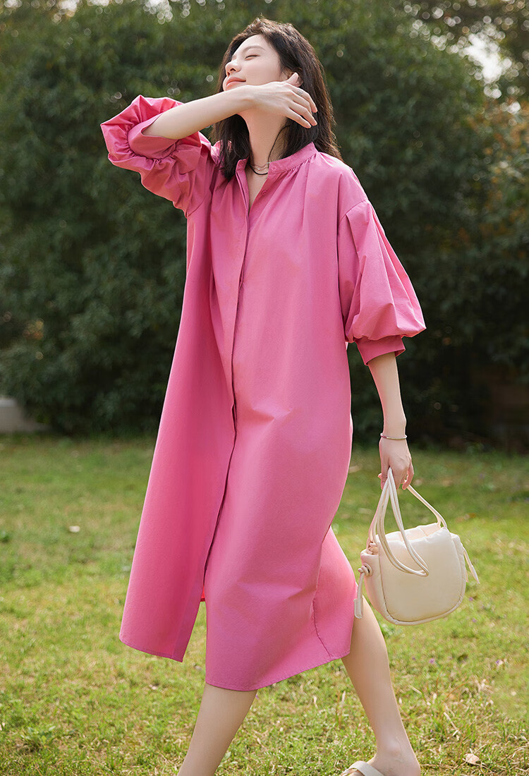 Dme [Pink Mid-Sleeve Dress], Summer Style, Soft Pink Round Neck, Puff Sleeves, Long Dress for Wome 10