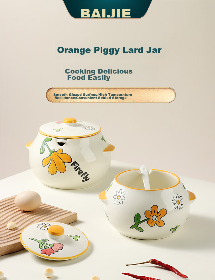 BJ Heat-Resistant Ceramic Lard Container Seasoning Jar for Pouring Hot Oil, Orange-Filled, 1.5L Capacity, Can Hold about 2.5 Jin of Lard 1