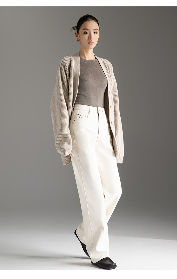 Dme Autumn And Winter New Fleece-Lined Slim-Fit Versatile Off-White High-Waist Straight-Leg Jeans for Wome 15