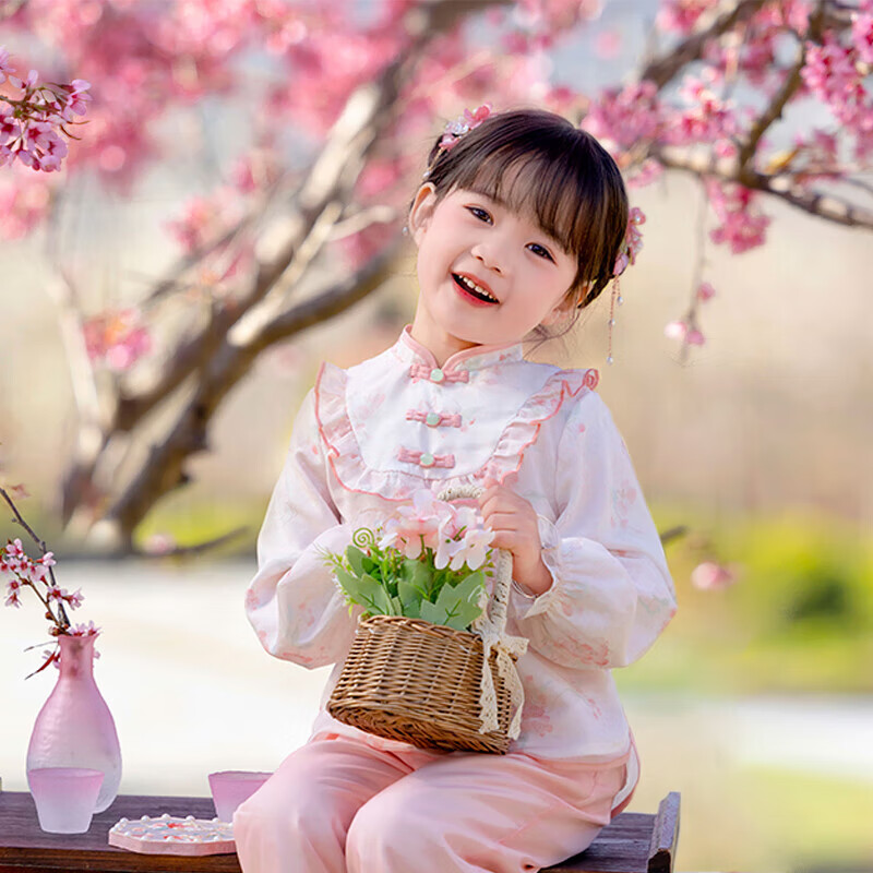 Menghu Jinese Hanfu Girls' Spring 2026 New Chinese Tang Suit Children's National Style Ancient Costume Pants Set, Pink, Size 110