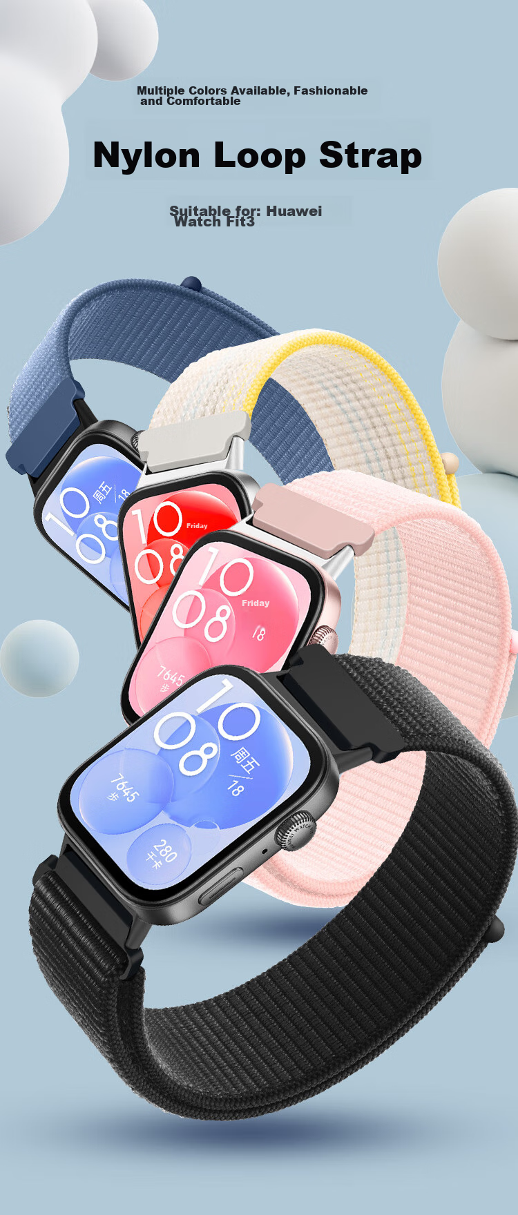 Freeson Compatible with WATCH FIT3/4/4Pro/5 Smartwatch Straps, Magic Tape Watchband, Loop-Style Nylon Braided Strap, Breathable Replacement Wristband, Black 1