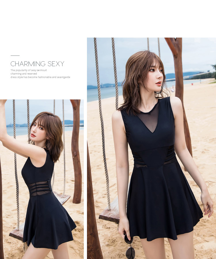 DK Swimsuit for Women, Sexy Small Chest Conservative Tummy-Covering Slimming Korean Hot Spring One-Piece Dress-Style Swimwear, Black, M 5