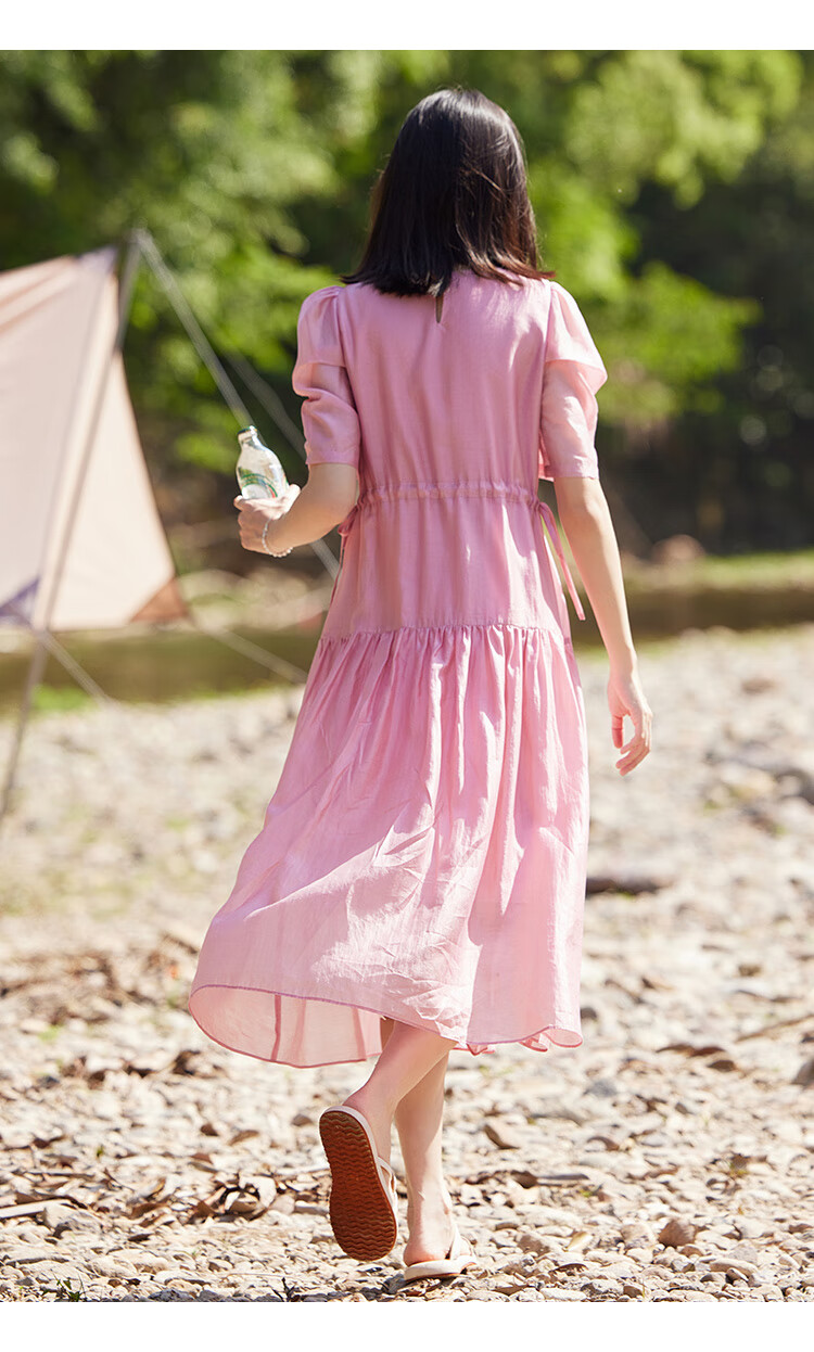 Dme Tencel Doll Dress, French Puff Sleeve, Flowing Tie-Waist Dress for Women, Sheer Pink, L 8