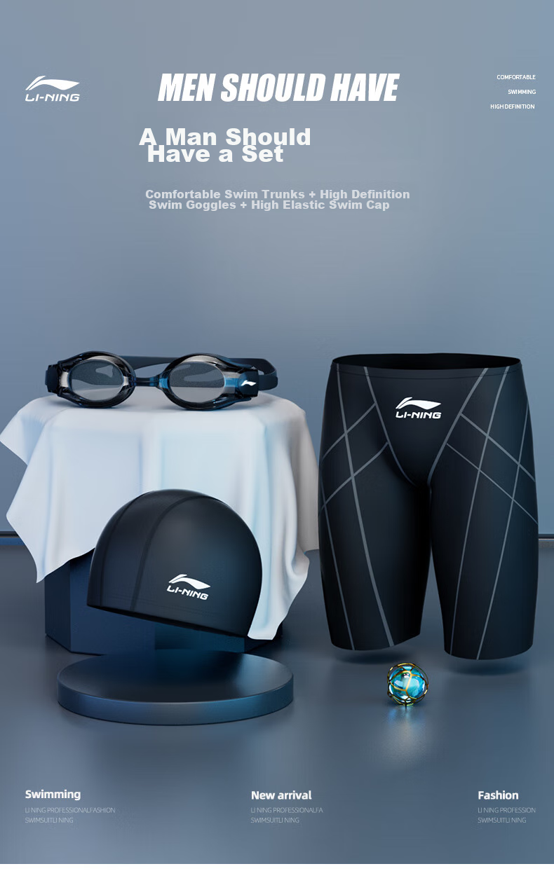 Li-Ning Swimming Trunks, Goggles, Swim Cap, Five-Piece Set for Men, Swimming Trunks, Swimming Goggles, Swimming Equipment, LN55-169 Black XXL 1