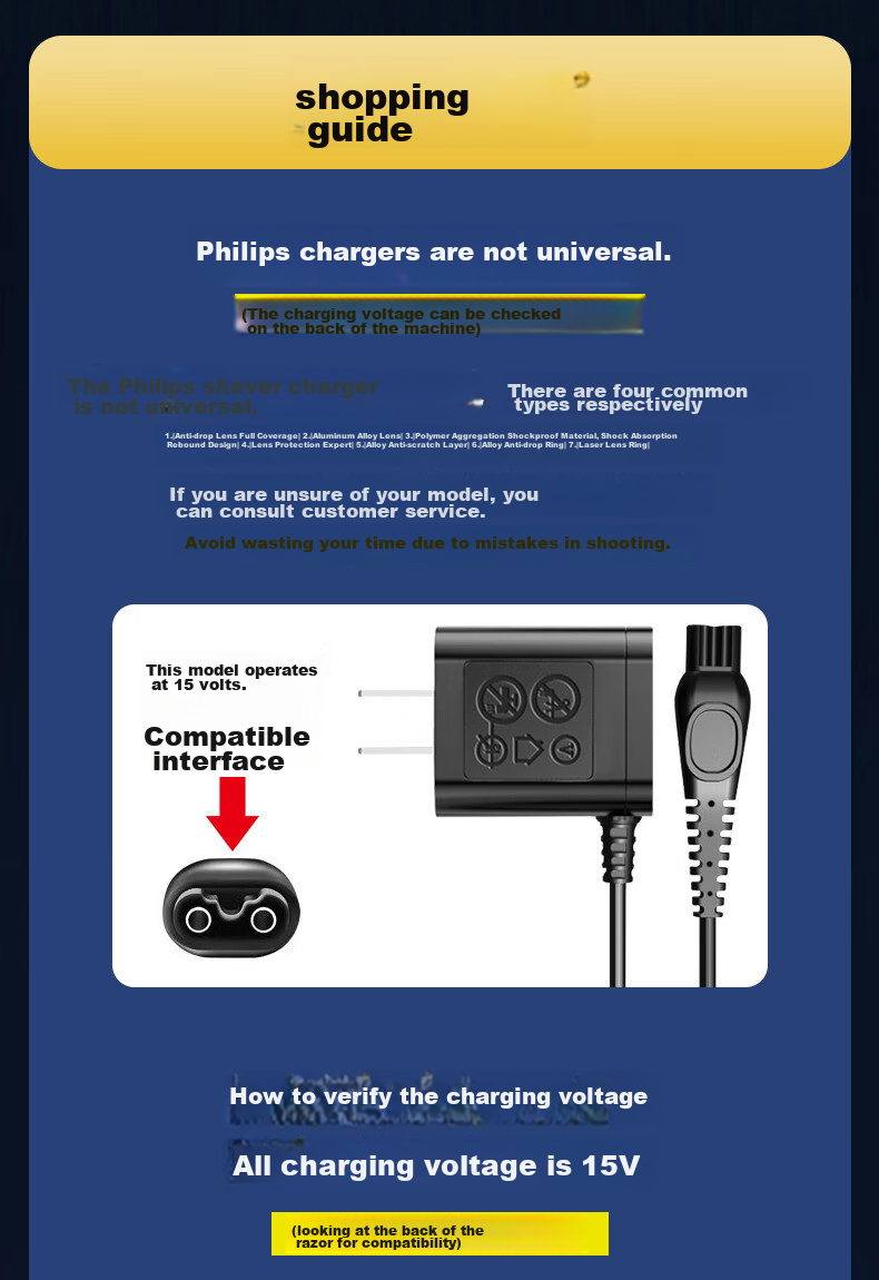 Chaofan Compatible with Philips Shaver Charger Cable HQ8505/PT720/AT890/S5000/S7000/S9000 Electric Razor 15v Power Adapter 1