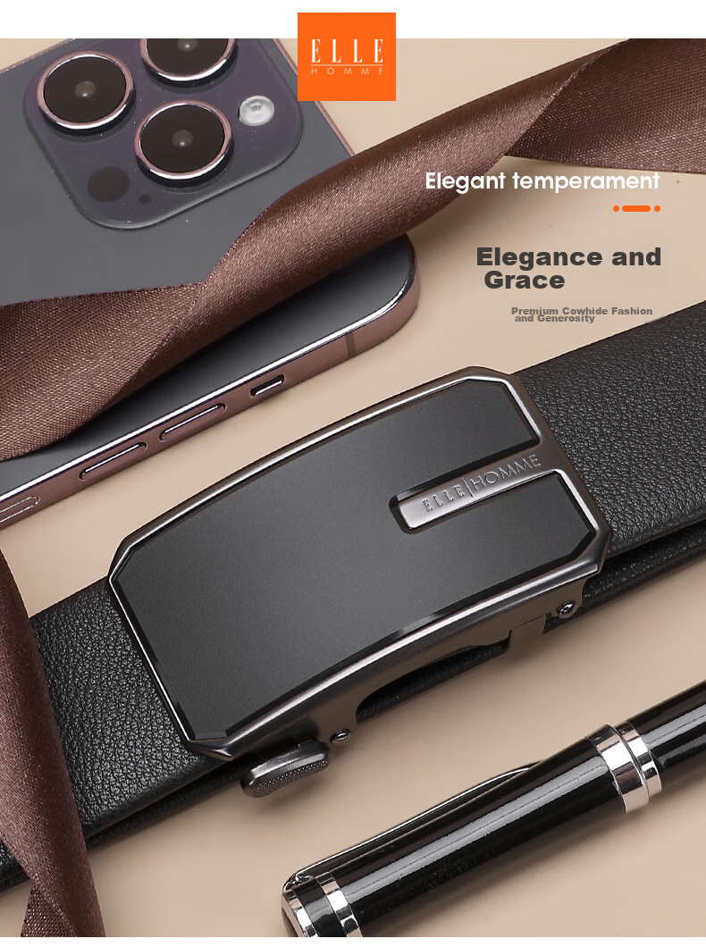 ELLE HOMME Men's Belt, High-Quality Top-Grain Leather Automatic Buckle Waistband, Business Formal Trouser Belt, Birthday Gift for Me 2
