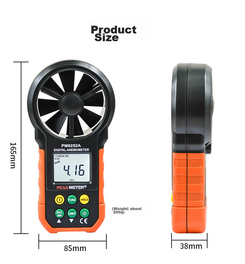 PEAKMETER PM6252B Handheld High-Precision Anemometer with Digital Display for Air Flow Measurement, Temperature And Humidity Testing, And Wind Speed Meter 6