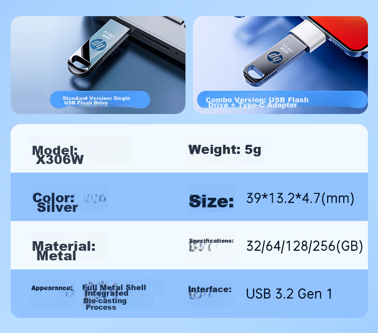 HP 32GB USB 3.2 Gen 1 Flash Drive with Type-C Adapter, X306w Metal High-Speed USB Drive, Upgraded Read Speed 230MB/s, Study And Office Computer Flash Drive 3