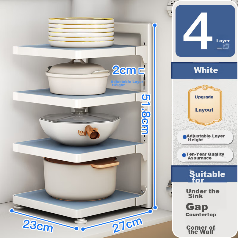 Shuaishi Kitchen Storage Rack, Pot Organizer, Multi-Layer Pot Shelf for Under-Sink Storage And Cabinet Use, 4-Tier White