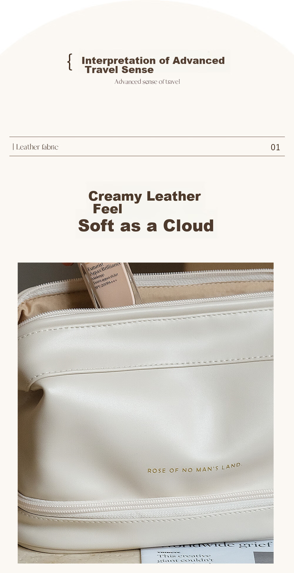 EACHY Large Capacity Portable Makeup Bag for Women, High-End Instagram Trendy Travel Toiletry Organizer Bag - Milk Apricot White XL 7