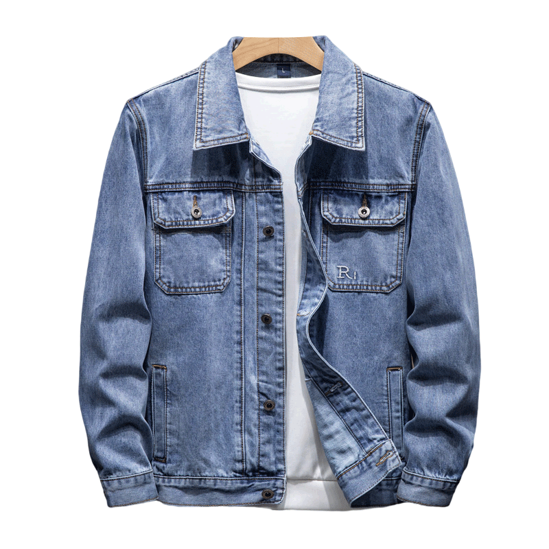 Jeanswest Men's Jacket 2026 Spring Trendy Embroidered Youth Workwear Long Sleeve Denim Coat Loose Fit Light Blue 3XL