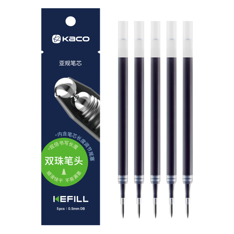 KACO Large Capacity Neutral Pen Refills, 0.5mm, Blue-Black (Bullet Tip), 5 Pieces in OPP Bag