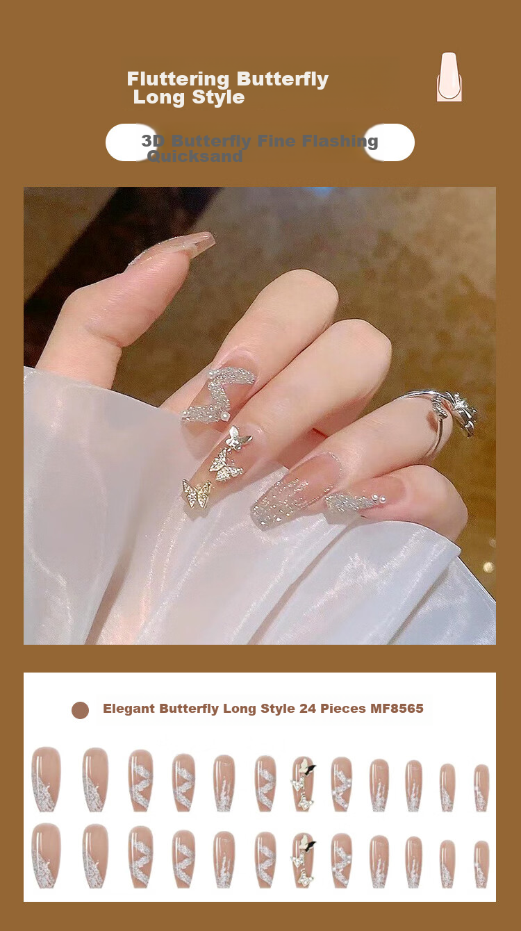 Meifuyu Nail Stickers (Crystal Butterfly), Long Fake Nails, Jelly Gel Removable, with Tools, MF8247 7