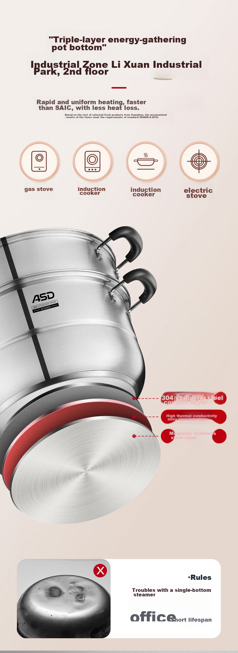 ASD Steamer Pot, Three Layers, 30CM Thickened Base, High-Arch Lid, Large Capacity Fish Steaming Pot, ZS30A5WG 9