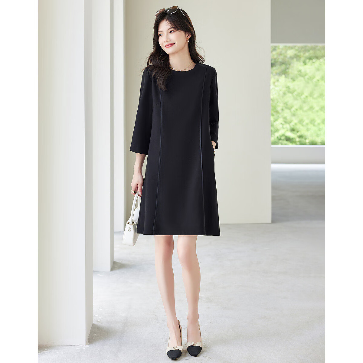 Dme Modern Woman Spring Autumn Commuter Round Neck Slim Fit Three-Quarter Sleeve Elegant Mid-Length Dress for Women