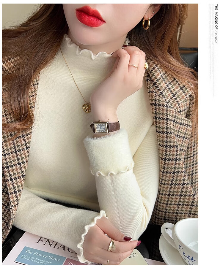 XUEXIMAN Women's Base Layer Sweater, Autumn And Winter Ruffle Trim Knit Top, Versatile High-Elasticity Slimming Pullover for Outer Wear 15