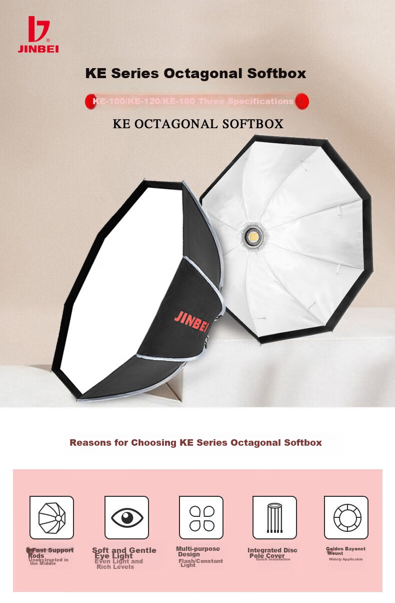 JINBEI JINBEI KE100 Quick-Install Octagonal Softbox, Portable Easy-To Studio Equipment, Light Modding Accessory, KE-100 Quick-Install Octagonal [Single Softbox] 1