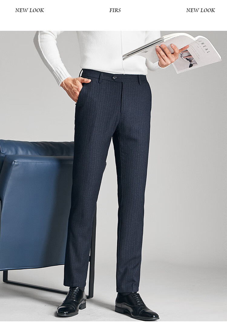 FIRS Men's Casual Pants with Brushed Thick Vertical Stripes, Autumn And Winter Warm Mid-Rise Straight-Leg Everyday Versatile Trousers 9