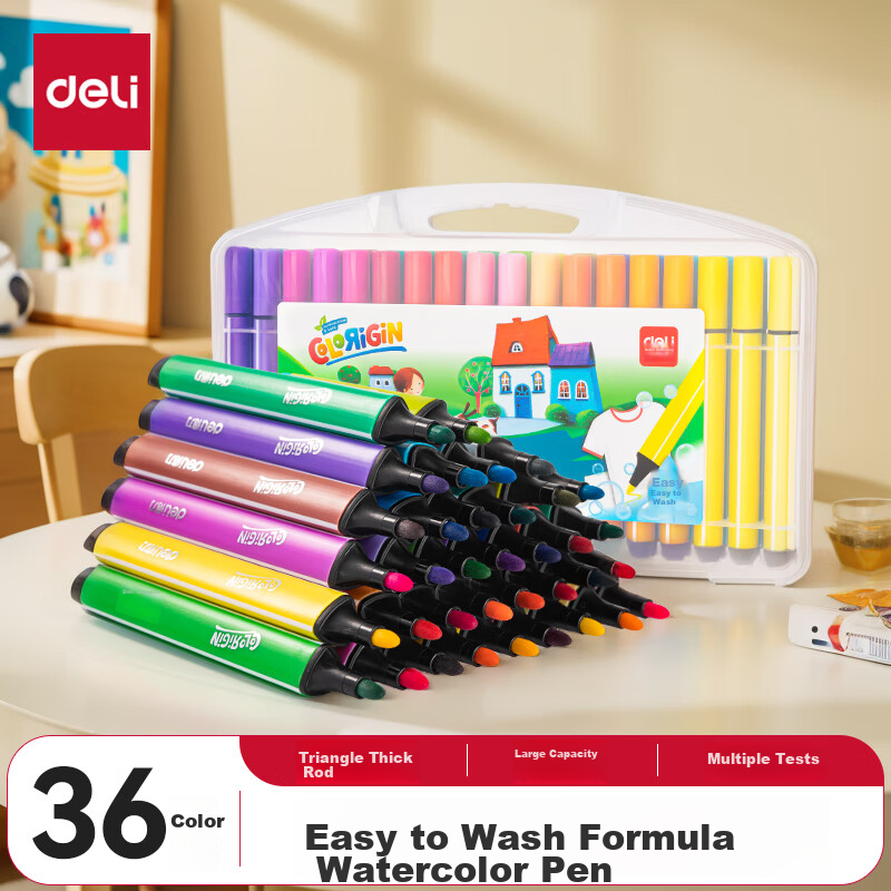 Deli Washable Watercolor Markers, 36 Colors, Drawing Outlining Coloring, Art Supplies, Thick Triangular Handle, 36 Colors/box, Watercolor Pens for Girls And Children, Graduation Gift for Boys And Girls