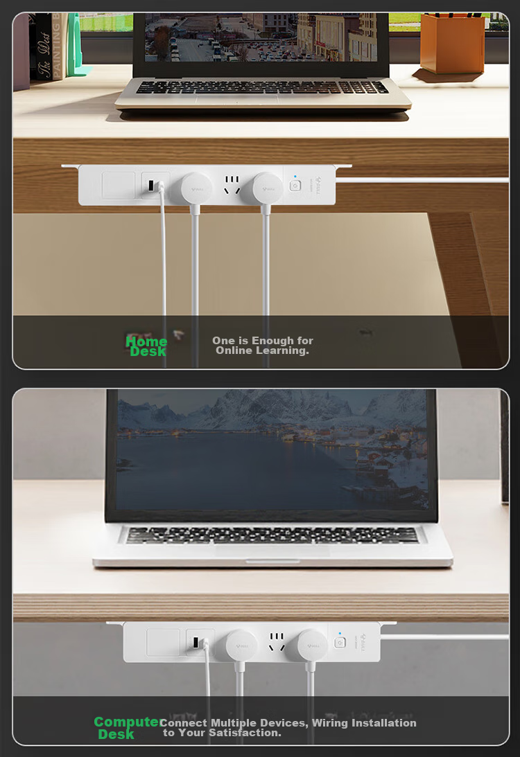 BULL No Drilling Required Under-Desk Embedded Socket/power Strip/power Bar/power Board/power Extension Cord, Multifunctional Desktop Socket, 3 Outlets + 2 USB Ports, Total Length 1.8 Meters 7