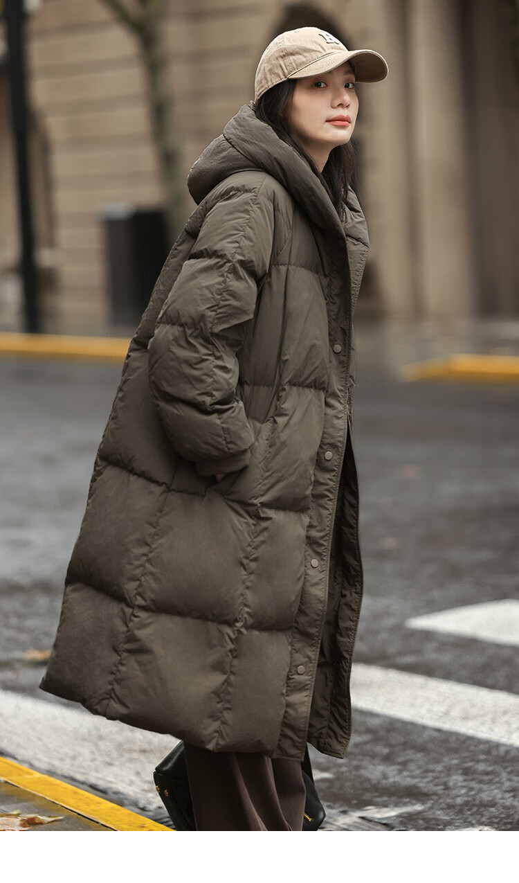 Dme [Retro Long Hooded Down Jacket] Winter Style with Side Pockets, Waist Belt, Long Women's Down Coat, Coffee Color, M 16