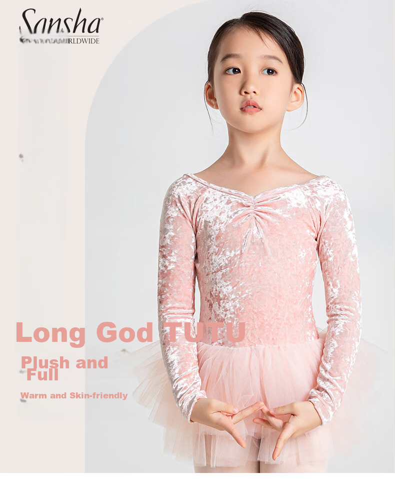 Sansha Ballet Puffy Skirt Children's Dance Costume, Autumn And Winter Diamond Velvet Long-Sleeve Practice Skirt, Open Crotch, Coral Color, XXL 1